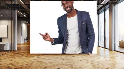 A cheerful young entrepreneur, actively promoting his branding sales offer through strategic marketing while confidently gesturing to emphasize his message isolated on a png background.  Wall mural